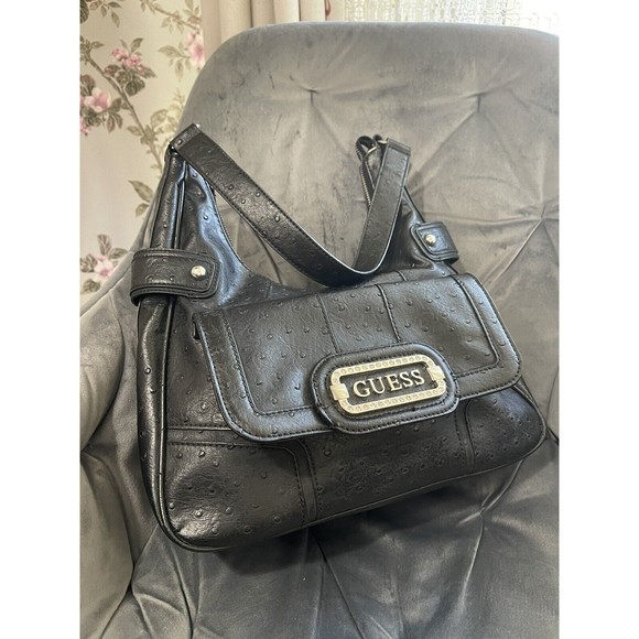 Guess Vintage Hobo Sequin Metal Logo Shoulder Bag Faux  Ostrich Leather  Y2K - Picture 2 of 13